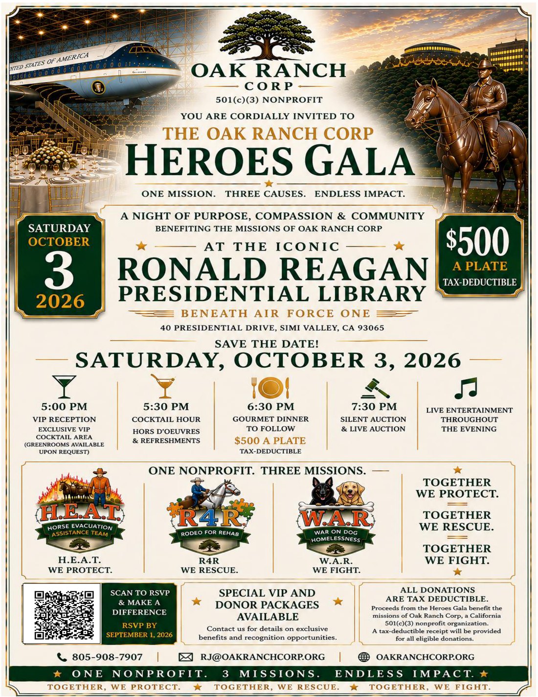 Oak Ranch Corp Heroes Gala invitation. Saturday, October 3, 2026 at the Ronald Reagan Presidential Library, 40 Presidential Drive, Simi Valley, California. Western Chic attire.